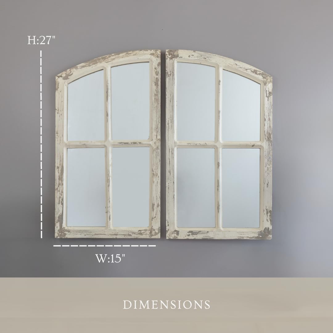 Jolene Arch Window Pane Mirror, Rustic Style Distressed Wood, Decorative Wall-Hanging Mirror, Easy Mount, Wall Mount Mirrors for Bedroom, Bathroom, Living Room (Set of 2) Aspire