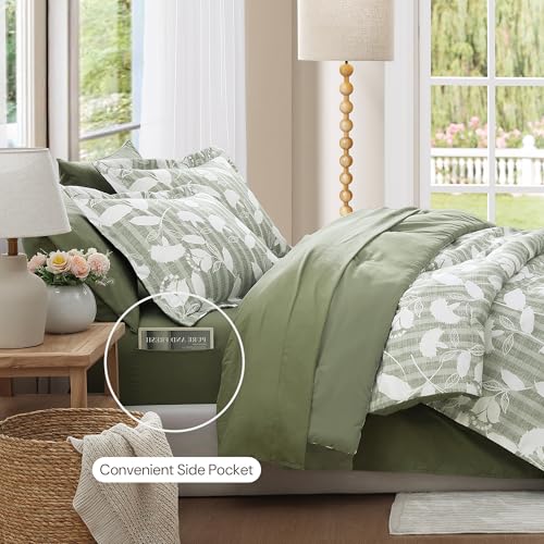 BLOOMHAVEN Queen Comforter Set -7 Pieces Sage Green Floral Comforter Set for All Seasons, Bed in a Bag Queen with Botanical Flowers Comforter, Sheets, Pillowcases & Shams BLOOMHAVEN