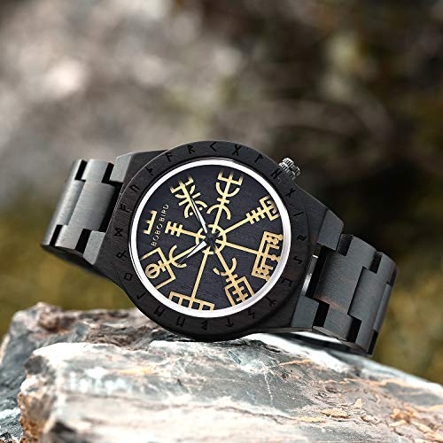 BOBO BIRD Handmade Wooden Mens Watch Unique Runic Circle Watches Golden Symbol of Vegvisir Watches Lightweight Fashion Quartz Wristwatch (Brown Black) BOBO BIRD