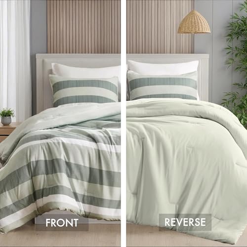 Regency Heights King Comforter Set, 3 Pieces Striped Bed Set, Soft Brushed Microfiber Reversible Bedding Set for All Season, Lightweight & Breathable Bedding Set with Comforter & Shams, Sage Green Regency Heights