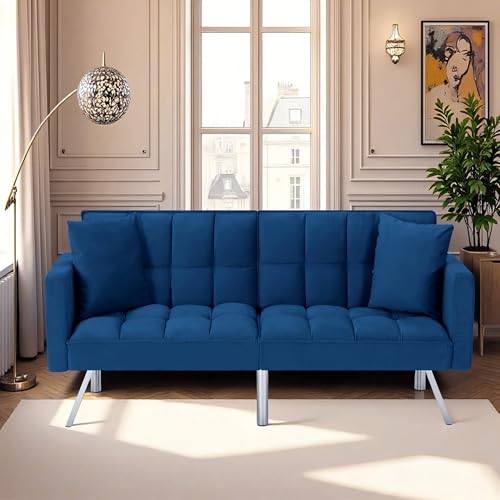 78" Modern Sofa Bed Futon,Convertible Sleeper Bed Couch with 4 Reclining Backrest,Comfy Velvet Cloud Sofa Loveseat for Living Room Bedroom Office (Navy) Anwick