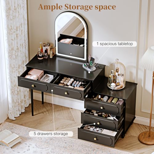 Ieejdn Black,Vanity Desk with Mirror and Lights,Makeup Vanity with Power Outlet and Adjustable Cabinet,Modern Makeup Table with 3 Drawers for Bedroom Makeup Room Ieejdn