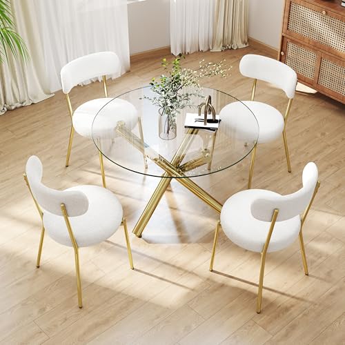 HAIZAO Gold Round Glass Dining Table Set for 4, 36'' Small Modern Kitchen Table Set with 4 White Gold Boucle Upholstered Dining Chairs, 5 Piece Luxury Dining Room Set, Easy Assemble HAIZAO