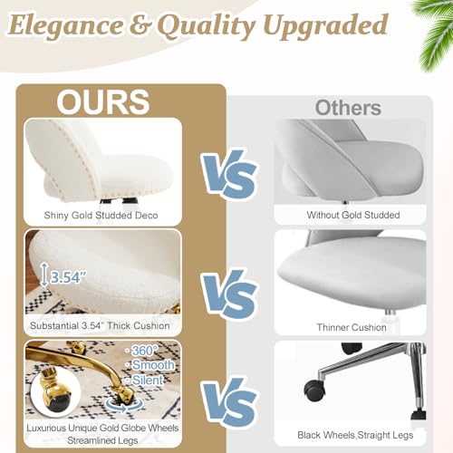 VINGLI Modern Velvet Small Office Chair,Cute Desk Chair with Wheels,Gold Base/Studs, Comfy Armless Swivel Vanity Task Chair for Women/Girl/Kids, Nail Tech Chair for Bedroom,Small Space,White VINGLI