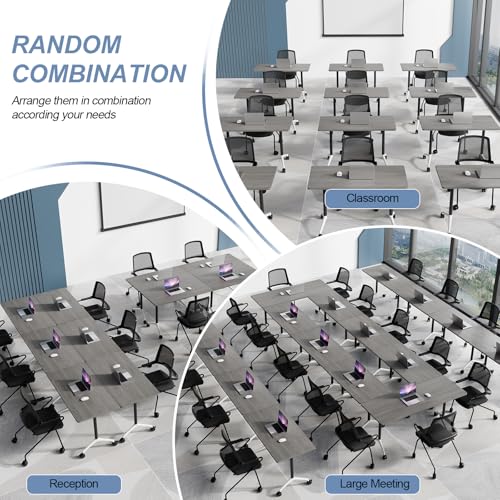 Modular Conference Table 4PCS, Folding Conference Room Tables on Wheels Grey 63in, Modern Rectangular Training Table for Office Meeting, Rolling Seminar Tables for 4-12 JNMDLAKO