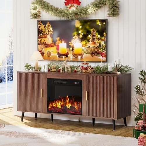 TAVATA 58" Fireplace TV Stand with 23" Fireplace Up to 65" TVs, Fluted Modern Entertainment Center with Storage Cabinet and Adjustable Shelves, Media TV Console Table for Living Room, Brown TAVATA