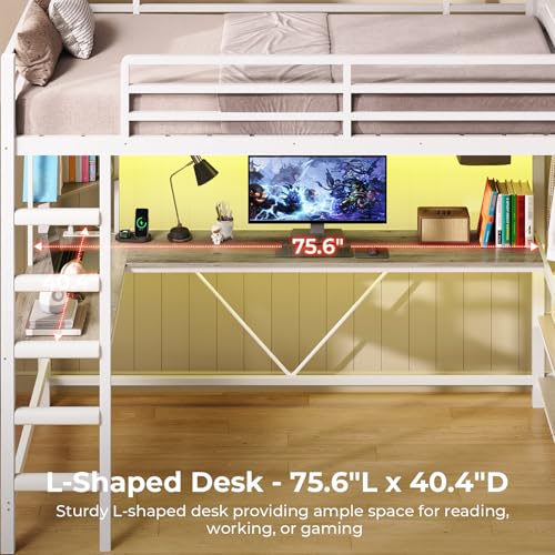 Loft Bed with L-Shaped Desk, LED Lights, Charging Station, Metal Loft Bed Frame with 5 Storage Drawers and Hall Tree, Twin Size Bed for Kids with Ladder and Safety Guard, No Box Spring Needed, White MSmask
