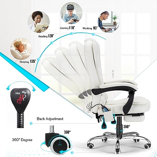 YODOLLA Ergonomic Reclining Office Chair with 7 Massage Points and Heat Function, Leather Executive Home Desk Chair w/Retractable Footrest, High Back Swivel Computer Chair, Cream White YODOLLA