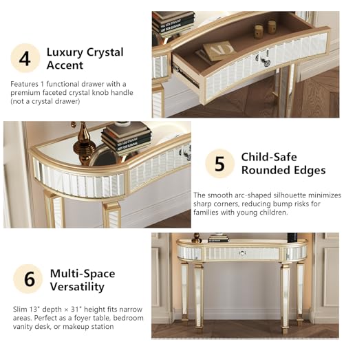 Mcltopz 47" Gold Mirrored Console Table, Half-Moon Sofa Table with with Fluted Glass & Crystal Knob Drawer, Modern Luxury Entryway Vanity Desk Mirrored Furniture with Sturdy Wooden Frame for Bedroom Mcltopz