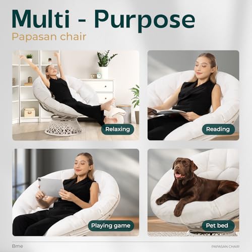 Bme 40" Ergonomic Wicker Papasan Chair with Soft Thick Density Fabric Cushion, High Capacity Steel Frame, 360 Degree Swivel for Living, Bedroom, Reading Room, Lounge Bme