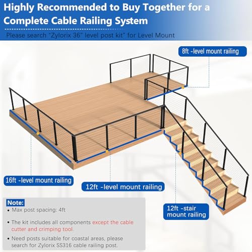 Zylorix 8ft-12ft Complete Set 36" Cable Railing System 33° Drilled, Black T304 Stainless Steel Angle Cable Railing Posts Kit with Adjustable Handrail Cable Rail for 25-35° Wood Concrete Stair Zylorix