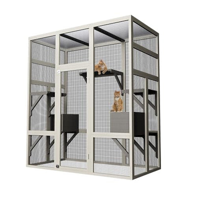 70-Inch Large Catio Enclosure, UV-Protected, Wooden Frame and Rust-Resistant Steel Mesh, Cat House with 2 Lounging Boxes and Platforms, for Patio or Backyard