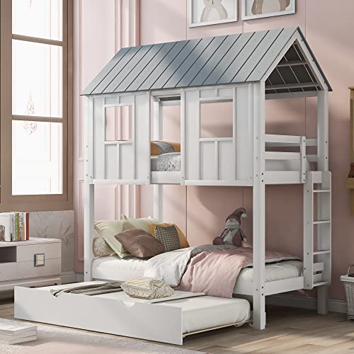 Merax Twin Over Twin Bunk Bed with Trundle,Roof and Windows,House-Shaped Wood Bunk Bed for with Built-in Ladder and Guardrail for Girls,Boys,White+Grey Merax