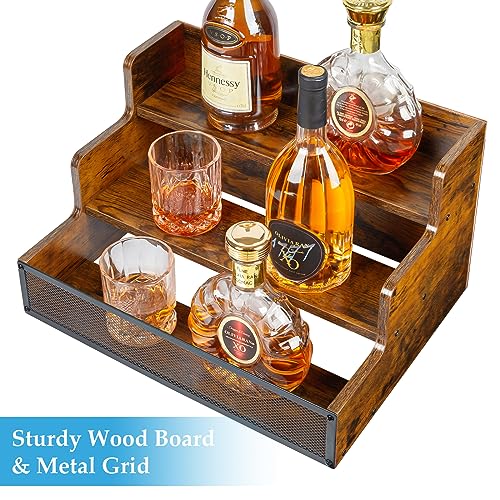 3 Step Countertop Liquor Bottle Display Shelf, Wood Bar Shelves 12 Bottles with Fences, Freestanding Storage Shelves for Liquor Whiskey Wine Coffee Syrup Display, Retro Wine Rack Home (Patent Pending) Yuzehuaza