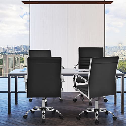 Giantex Ribbed Office Chair, Ergonomic Modern Leather Desk Chair with Adjustable Height & Arms, Swivel Mid Back Executive Conference Room Chairs for Meeting Room (4, Black) Giantex
