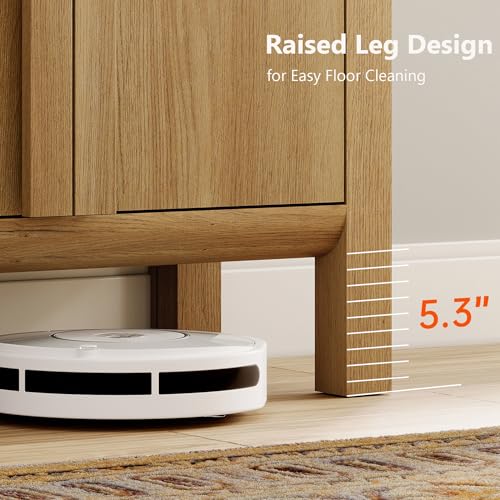 WAMPAT 63" W Large Buffet Sideboard Cabinet with Storages, Modern Buffet Table Coffee Bar Wine Bar Storage Curved Cabinet with 4 Doors for Dining Room, Living Room, Kitchen, Light Walnut WAMPAT