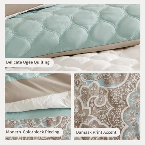 510 DESIGN Luxe Quilted Comforter Set Modern Transitional Design, All Season Down Alternative Warm Bedding Matching Shams, Bedskirt, Decorative Pillow, King, Shawnee Scrollwork Seafoam 510 DESIGN