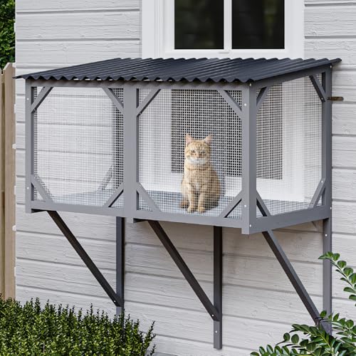 Waleaf Cat Window Box, 43.3" Catio Outdoor Cat Enclosure for Sunbathing, Napping & Overlooking, Sturdy Window Perch for Large Indoor Cats - All Weather Use, Nature Friendly Design Waleaf