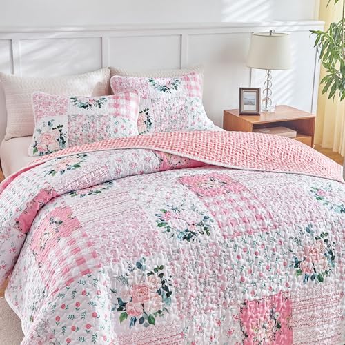 Joyreap 2 Pieces Floral Patchwork Quilt Set Twin, Pink n White Flowers Design, Soft n Cozy Microfiber Quilt, Bedspread Bed Cover for All Season, 1 Quilt and 1 Pillow Sham- 68x86 inches Joyreap