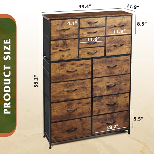 WLIVE 16 Drawers Dresser, Tall Dresser for Bedroom, Closet, Hallway, Storage Dresser Organizer unit, Large Dressers & Chests of Drawers with Fabric Bins, Rustic Brown Wood Grain Print WLIVE
