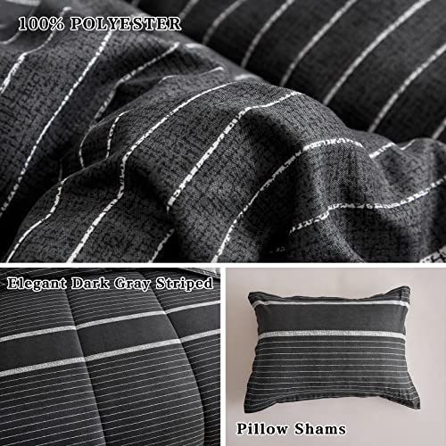 Flysheep 3 Pcs Boho Striped Comforter Set Twin Size for Kids, White Striped on Black Dark Grey Soft Microfiber Reversible Bedding Set for All Season Flysheep
