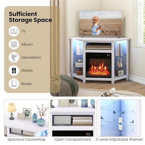 RELAX4LIFE Corner Fireplace TV Stand - Electric Fireplace Entertainment Center w/Heater Insert, LED Lights, APP Control & Adjustable Shelves, Media Console Cabinet for TVs up to 50’’ (White) RELAX4LIFE