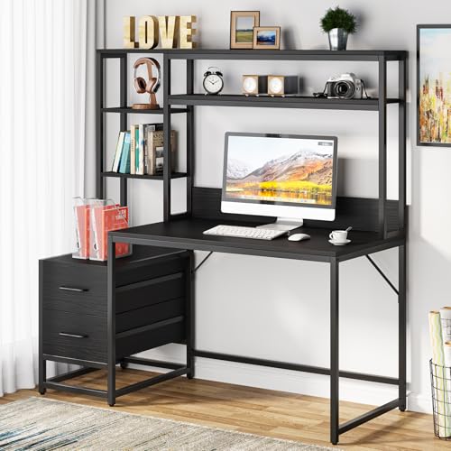 Tribesigns 55 Inch Computer Desk with 2 Drawers and Storage Shelves, Rustic Office Desk with Hutch, Study Writing Gaming Table Laptop Workstation for Home Office (Black) Tribesigns