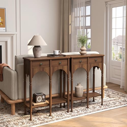 Topbele Console Table with 2 Drawers & Shelf, 28" Mid-Century Modern Entryway Table, Retro 2-Tier Sofa Table, Wooden Accent Table for Living Room, Hallway, Brown Topbele