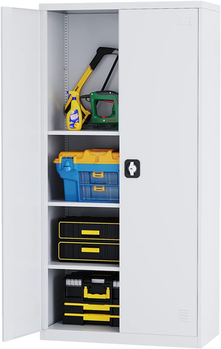 Metal Garage Storage Cabinet, 72" Tall Steel File Cabinet with 2 Lockable Doors and Adjustable Shelves, Utility Heavy Duty Tool Cabinet for Warehouse, Garages, Offices, Kitchens, Gyms, Milky White EazeHome