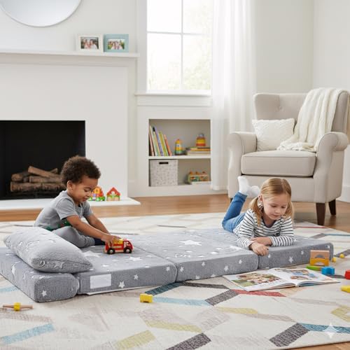 Foldable Floor Mattress with Pillow for Kids, Glow in The Dark Grey Star Toddler Washable Folding Floor Nap Mat for Daycare, Child Trifold Futon Sofa Bed with Storage Bag for Playroom Girls and Boys Givjoy