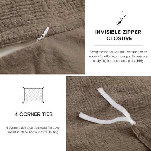 Simple&Opulence Linen Muslin Duvet Cover Set Queen Size, 3Pcs Brown Linen Cotton 3-Layer Gauze Minimalist Comforter Cover 88”x92”, Ultra Soft Breathable Seersucker Bedding Set with 2 Pillowcases Simple&Opulence
