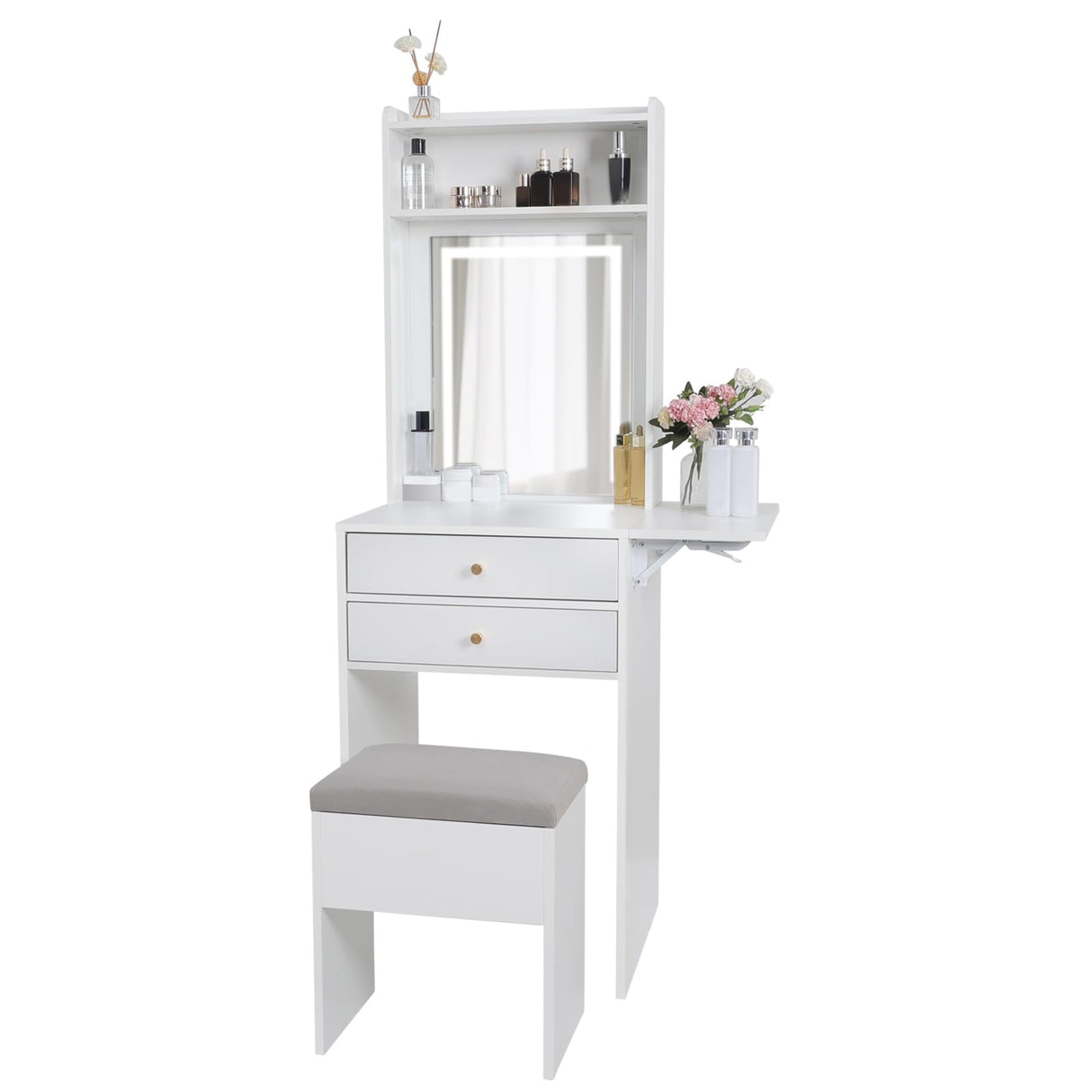ARTETHYS Small Vanity Desk Set with 3 Adjustable Lighted Mirror and Storage Chair, Makeup Vanity Table for Small Space, White Dressing Table with Fold-up Panel for Bedroom ARTETHYS