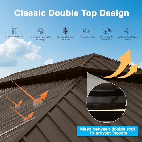 Domi 14x22FT Hardtop Gazebo with Netting & Curtains, Outdoor Aluminum Frame Gazebo with Galvanized Steel Double Roof, Outdoor Permanent Metal Pavilion for Patio Deck Lawn and Garden, Dark Brown domi outdoor living