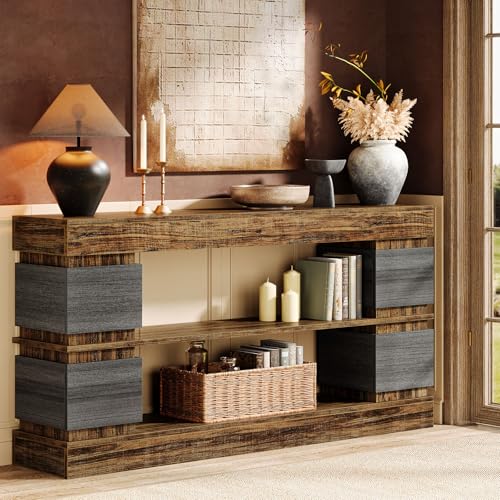 Tribesigns 63" Farmhouse Console Table, 3-Tier Entryway Table with Storage, Long Wooden Behind Couch Stand with 4 Compartments for Living Room, Hallway, Foyer, Vintage Brown & Gray Tribesigns