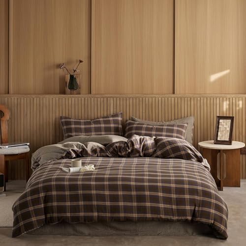 EAVD Vintage Style Brown&Blue Buffalo Plaid Duvet Cover Set Queen Soft 100% Cotton Muslin Blue Brown Grid Gingham Bedding Set with 2 Pillowcases Farmhouse Gingham Duvet Cover with Zipper Closure EAVD