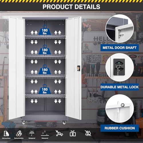 Fesbos Metal Rolling Storage Cabinet-74.6” Tall Steel File Cabinets with Wheels Lockable Doors and Adjustable Shelves-Gray & White Steel Storage Cabinet for Home, School, Office, Garage Fesbos