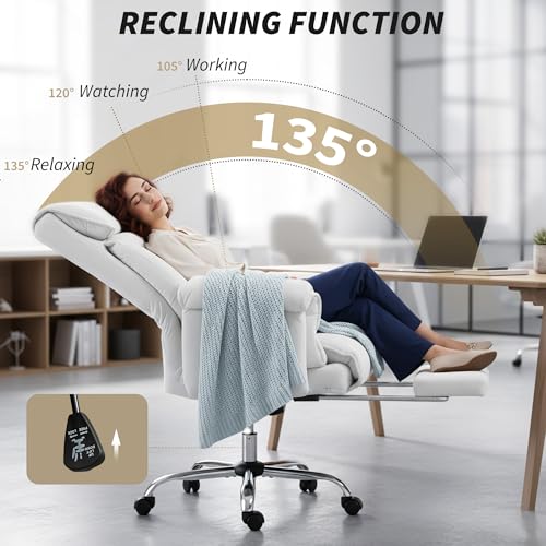 HOMCOM Executive Office Chair Comfy with Foot Rest, Reclining Swivel Computer Desk Chair with High Back, Thick Cushion, Padded Armrest, Adjustable Height, Rolling Wheels, Cream White HOMCOM
