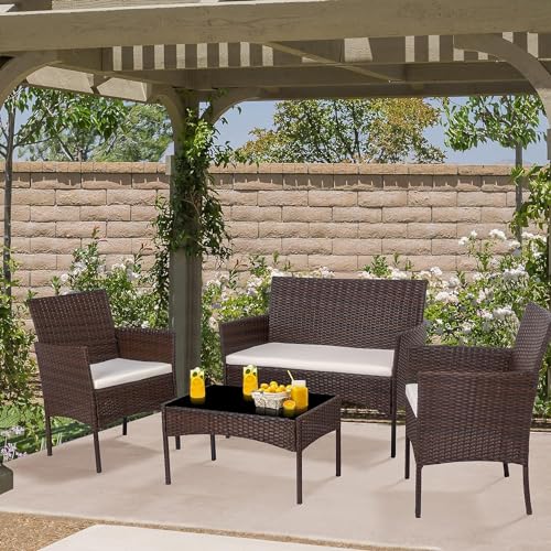 Shintenchi 4 Piece Outdoor Patio Furniture Sets, Small Wicker Patio Conversation Furniture Rattan Chair Set with Tempered Glass Coffee Table for Backyard Porch Garden Poolside Balcony Shintenchi
