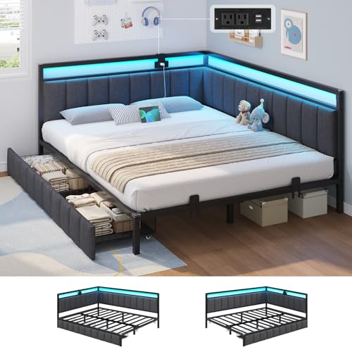Hasuit Queen Corner Bed Frame with Storage Drawers, Queen Daybed with Line Fabric Upholstered Fence, Kids Bed Unit with LED Light and Charging Station, Modern Bed Frame Queen Size, Gray Hasuit