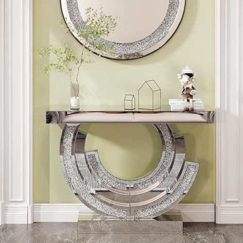 42.9"W x 31.5"H Mirrored Entryway Console Table with C-Shaped, Silver Crushed Diamond Hallway Table, Modern Handcraft Glass Couch Table Behind Sofa, Foyer Table for Living Room, Entrance and Corridor Neftis