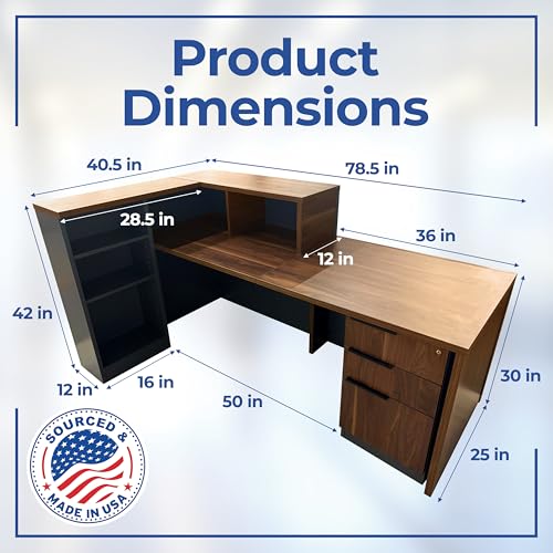 OfficeSimpli L Shaped Reception Desk with Counter - 78.5x40.5x42 Inch - Made in USA, Ship Mostly Assembled, Front Desk Reception Counter for Office, Lobby, Beauty Counter and Salon - California Walnut OfficeSimpliUS