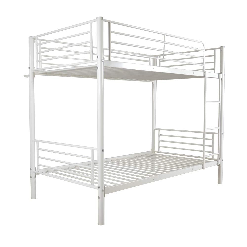 Karl home White Bunk Bed Twin Over Twin, Metal Bunk Bed with Built-in Ladder and Safety Guardrail, Space-Saving Twin Bunk Beds for Kids, Teens & Adults, No Box Spring Karl home