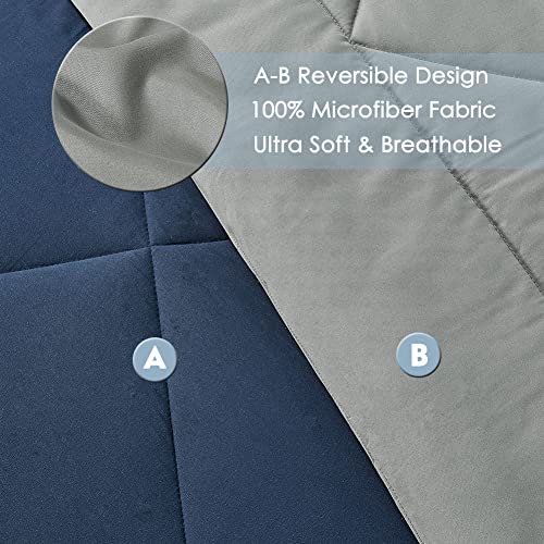Furnishh Queen Comforter Set 7 Pieces Bed in a Bag, Full/Queen Reversible Bed Set with Comforter, Flat Sheet, Fitted Sheet, Pillowcases & Shams, Navy Blue and Grey Bedding Sets for Queen Size Bed Furnishh