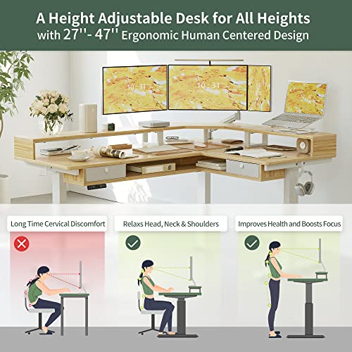 FEZIBO 63"x49" L Shaped Standing Desk with LED Strip & 2 Drawers, Upper and Lower Storage Shelves Available, Electric Height Adjustable, for Gaming, Office, Natural FEZIBO