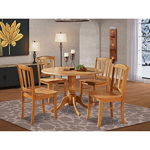 East West Furniture Dublin 5 Piece Kitchen Set for 4 Includes a Round Room Table with Dropleaf and 4 Dining Chairs, 42x42 Inch, Oak East West Furniture