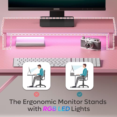 Bestier Small Gaming Desk with Monitor Stand, 42 inch LED Computer Desk, Gamer Workstation with Cup Holder & Headset Hooks, Modern Simple Style Desk for Home Office, Carbon Fiber Pink Bestier