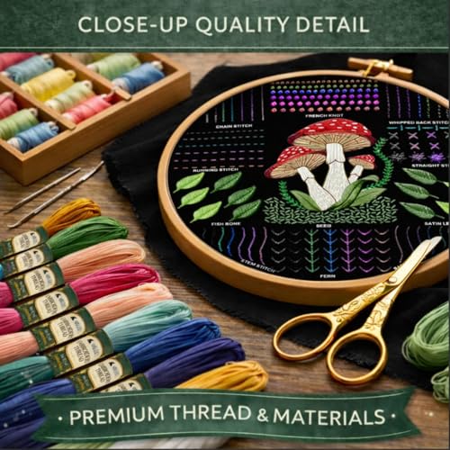 Moni Crafts - Embroidery Kit for Beginners Adults – Learn 41 Stitches with Complete Starter Kit, 4 Pre-Printed Patterns, Threads, Needles & Hoop – Hand Embroidery Kit with Video Tutorials