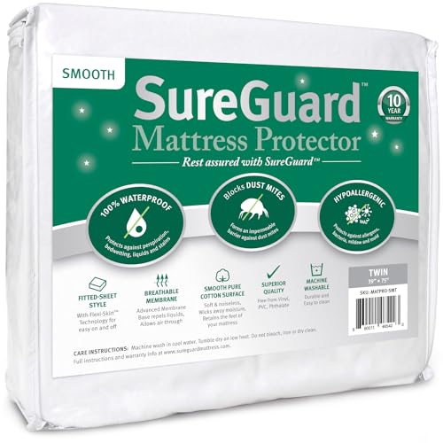 SureGuard Twin Size Mattress Protector - 100% Waterproof, Hypoallergenic - Premium Fitted Cotton Cover - Smooth SureGuard Mattress Protectors