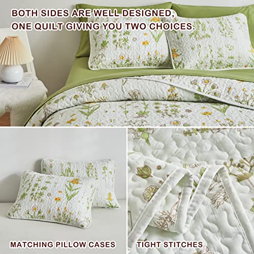 Joyreap 3 Pieces Reversible Quilt Set, Smooth Soft Microfiber Quilt, Yellow Flowers Green Leaves Botanical Design, Bedspread Bed Cover for All Season, 1 Quilt n 2 Pillow Shams (Full/Queen, 90x90) Joyreap