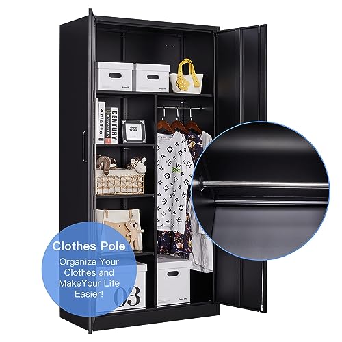Yizosh Metal Armoire Wardrobe Closet Cabinet for Hanging Clothes with Lock Doors, -72" Steel Lockable Wardrobe Storage Locker Clothes Organizer for Yizosh